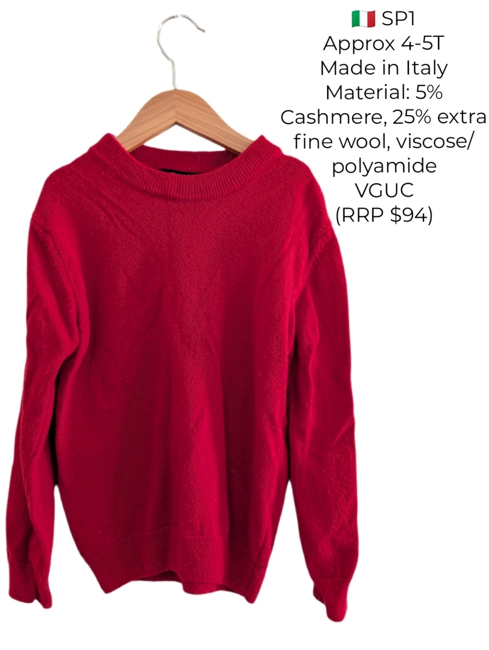 🇮🇹 SP1 Kids Red Crewneck Cashmere WooL Blend Sweater 5T